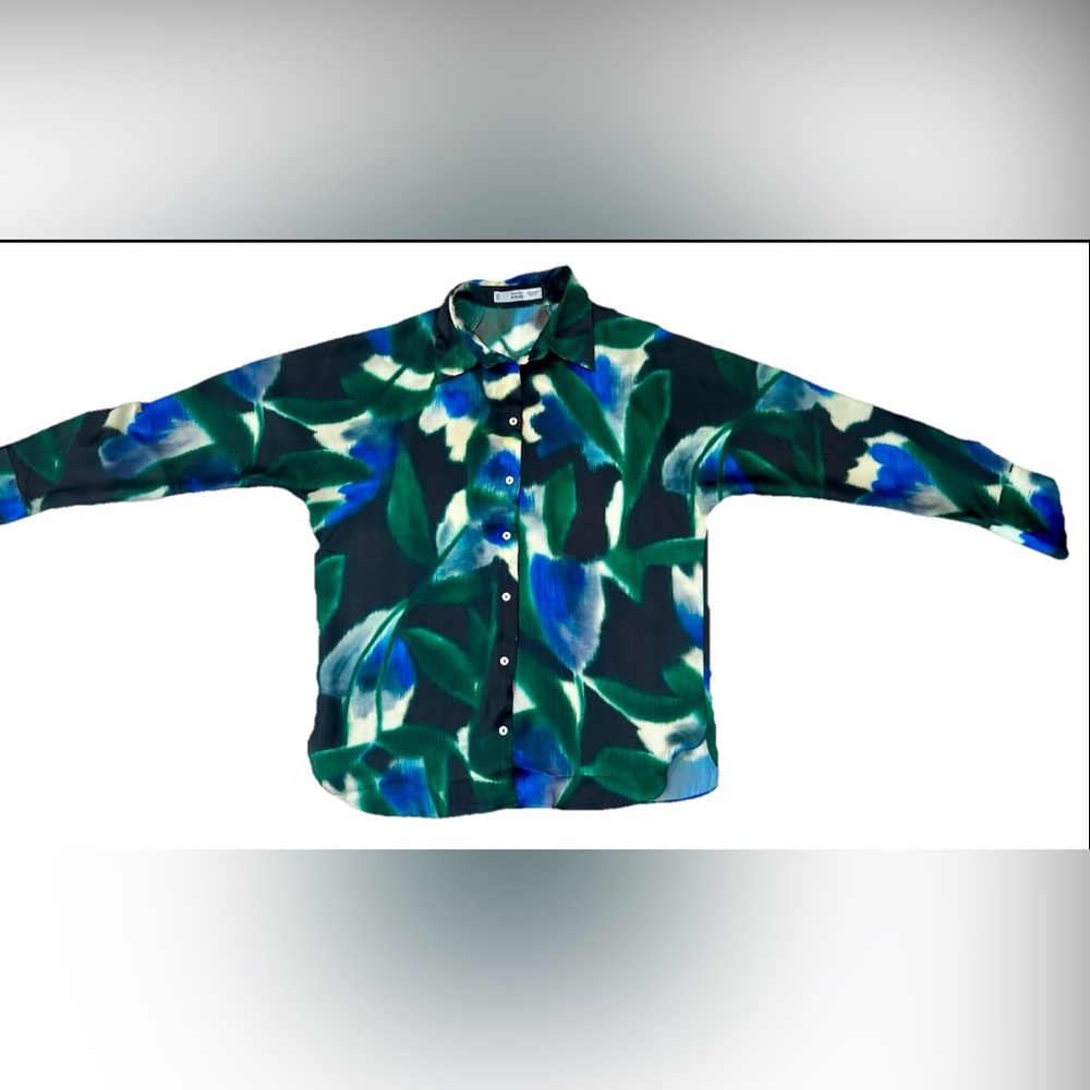 Mango MNG Tropical Blouse XS Made in Italy Tropical Business Casual Collared - Picture 2 of 12